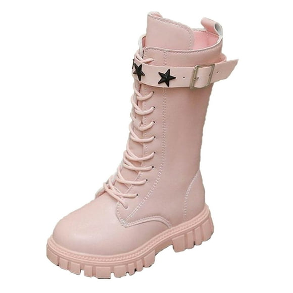 Girls White Combat Boots Lace-Up Side Zipper Knee High Boot Casual Pu Leather Punk Goth Shoes for Kids Pink 6.5-7Years