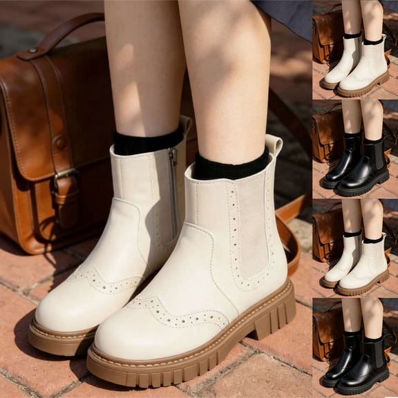 DMDUOU Girls s Ankle Boots Solid Leather Side Zipper Chelsea Booties Knit Cuff Chunky Heel Sole Square Toe Winter Non Slip Beige 3.5-4Years