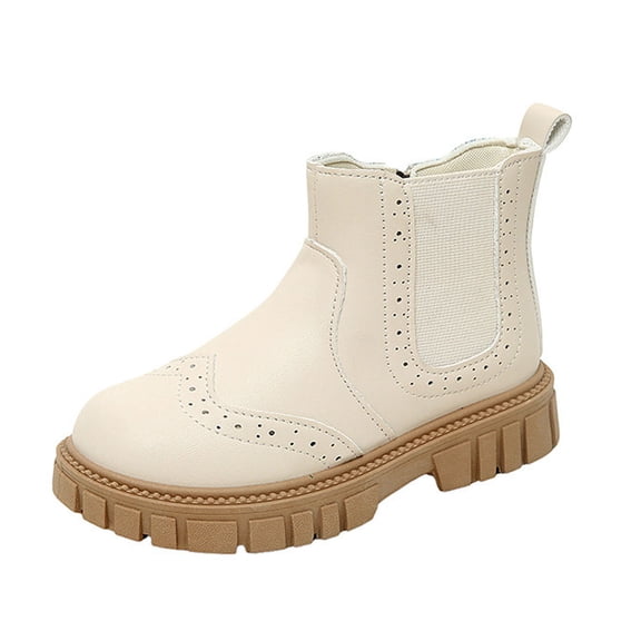 DMDUOU Girls s Ankle Boots Solid Leather Side Zipper Chelsea Booties Knit Cuff Chunky Heel Sole Square Toe Winter Non Slip Beige 7.5-8Years