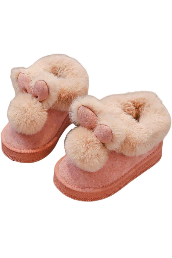Kids Plush Fuzzy Non-Slip Slippers Girls Boys Cute Bunny Warm Winter Footwear Full Wrapped Shoes Indoor Outdoor Pink 26