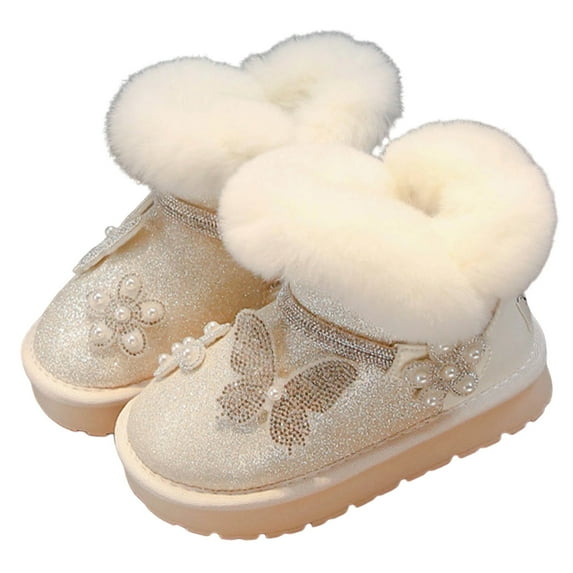DMDUOU Snow Boots for Girls Winter Warm Fur Lined Booties Slip on Lightweight Ankle Boots Outdoor Cold Weather Shoes Beige 33