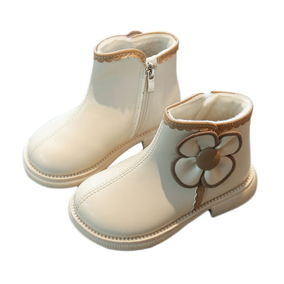 DMDUOU Toddler Girls Ankle Boots Round Toe Low Heel Non Slip Short Booties Waterpoor Fleece Lined Cute Boots Beige 24
