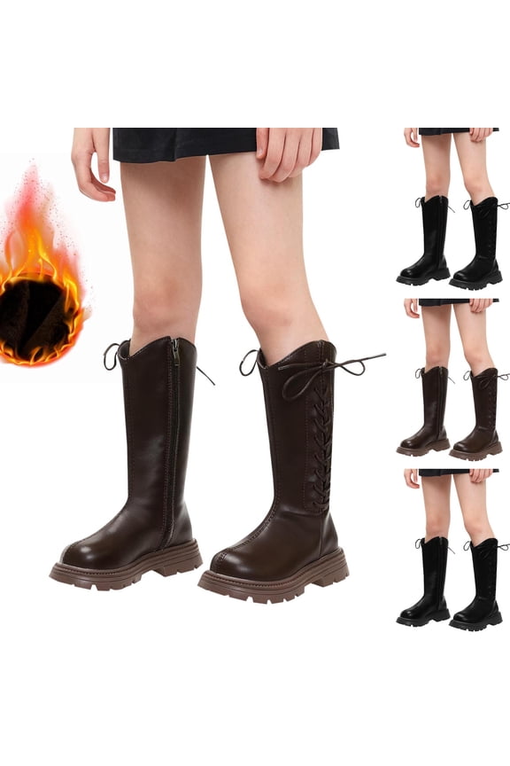 Women Big Size Cow Split Leather Round Toe Med Heels Riding Boots Warm Winter Zipper Knee-High Shoes Black 26
