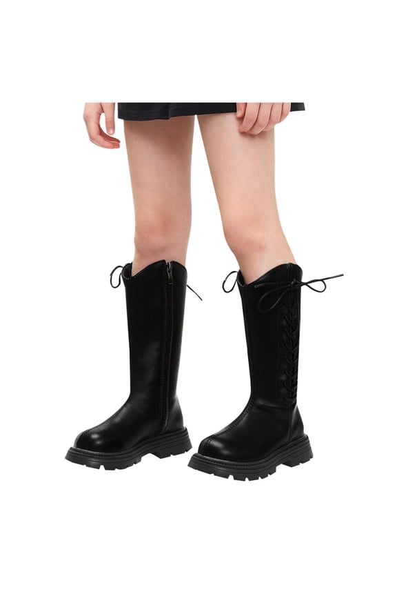 Women Big Size Cow Split Leather Round Toe Med Heels Riding Boots Warm Winter Zipper Knee-High Shoes Black 37