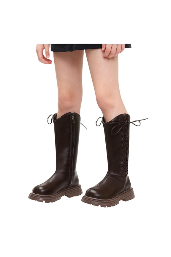 Women Big Size Cow Split Leather Round Toe Med Heels Riding Boots Warm Winter Zipper Knee-High Shoes Brown 28