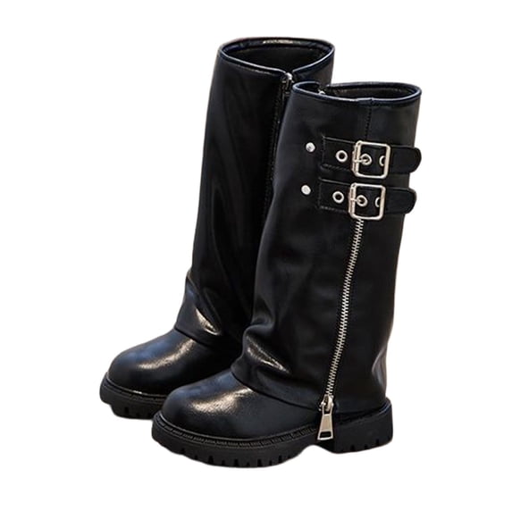 DMDUOU Women's Punk Style Platform Knee High Boots Belt Buckle Thick Sole Height Increasing Long Booties Black 28