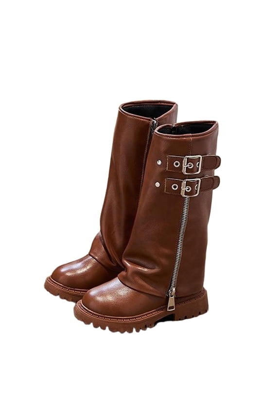 Women's Punk Style Platform Knee High Boots Belt Buckle Thick Sole Height Increasing Long Booties Brown 30