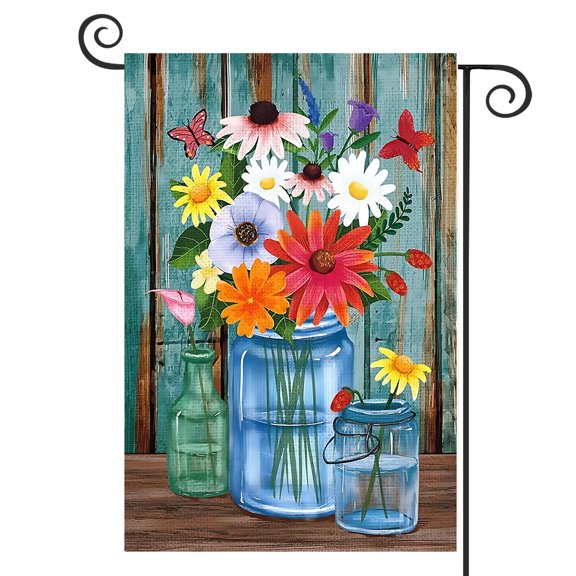 DMERBYL Floral Garden Flag 12x18 Double Sided, Burlap Small Vertical Seasonal Flower Vase Flower Garden Yard Flags for Outside Outdoor House Decoration (ONLY FLAG)
