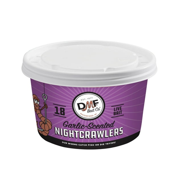 DMF Bait Co. Garlic Canadian Nightcrawlers, Fishing Live Bait, 18 Ct