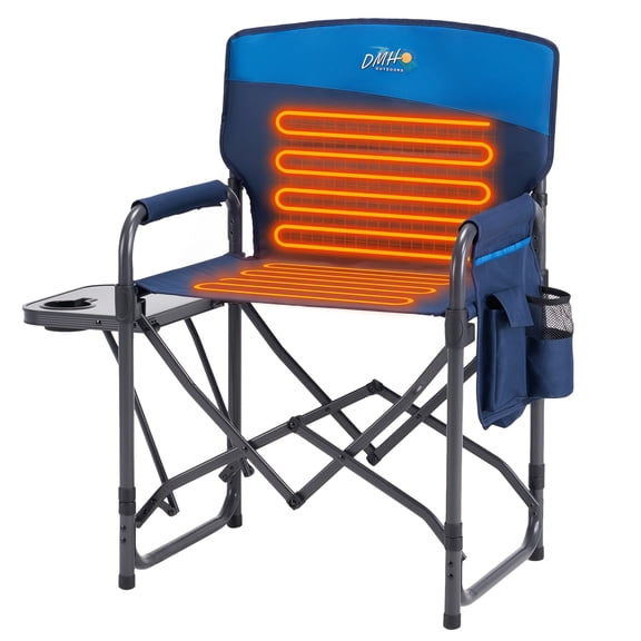 Heated Camping Directors Chair with 3 Heat Settings & Side Table Oversized Heavy Duty,Side Pocket,300LBS,Outdoors Tailgating,Blue