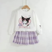 DMH Sanrios Kuromi Princess Dress Kids Girl College Style Anime Varsity Sweater Pleated Skirt Jk Suit Child Sweatshirt Pullover Gift