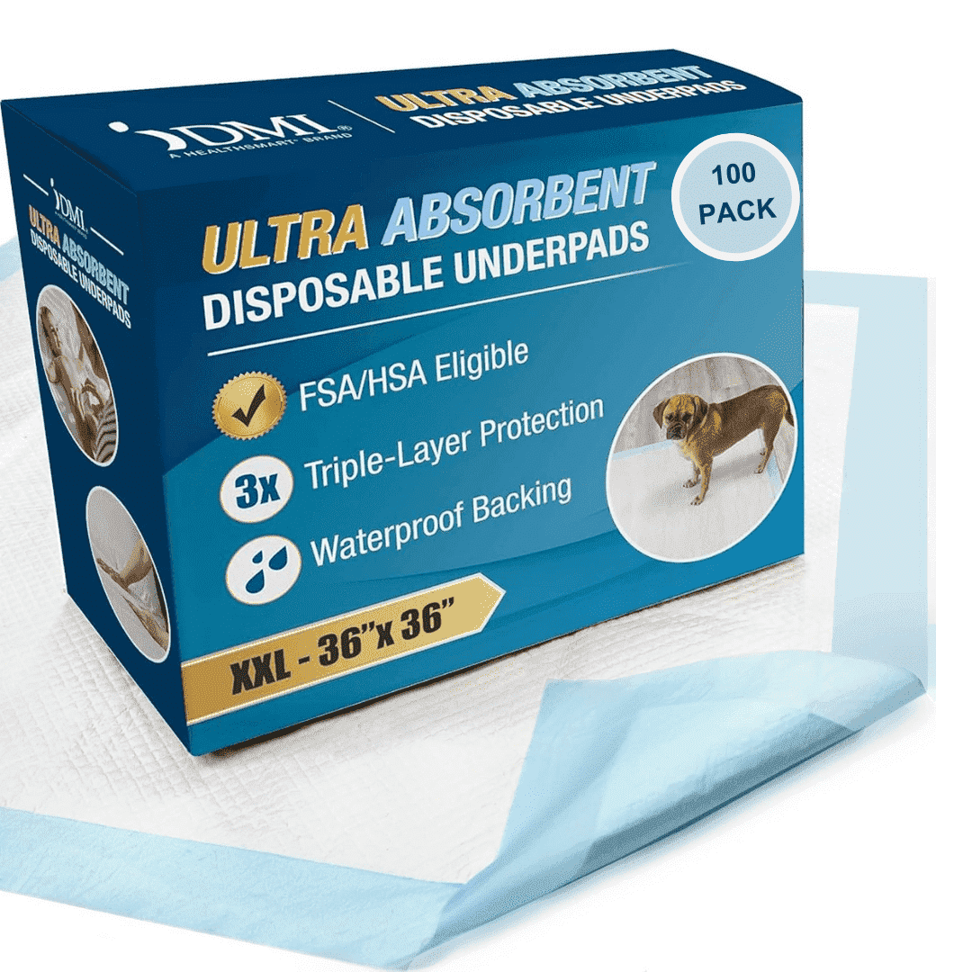 DMI Absorbent 36" x 36" Disposable Incontinence Underpads, 100 Count, Bed Pads, Puppy Pads, FSA & HSA Eligible, Bed & Furniture Wet