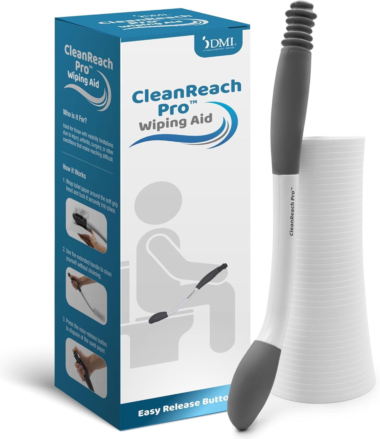 DMI CleanReach Pro Toilet Aid with Sanitary Holder, Long Handle Wiping Tool for Seniors, Handicap, Men & Women, Easy Release Button, FSA/HSA Eligible