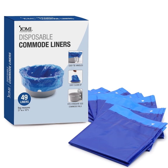 DMI Disposable Commode Liners, Mess Free Clean Up, Easy Tie Handles, Disposable, FSA & HSA Eligible, Dark Blue Color, Pack of 49