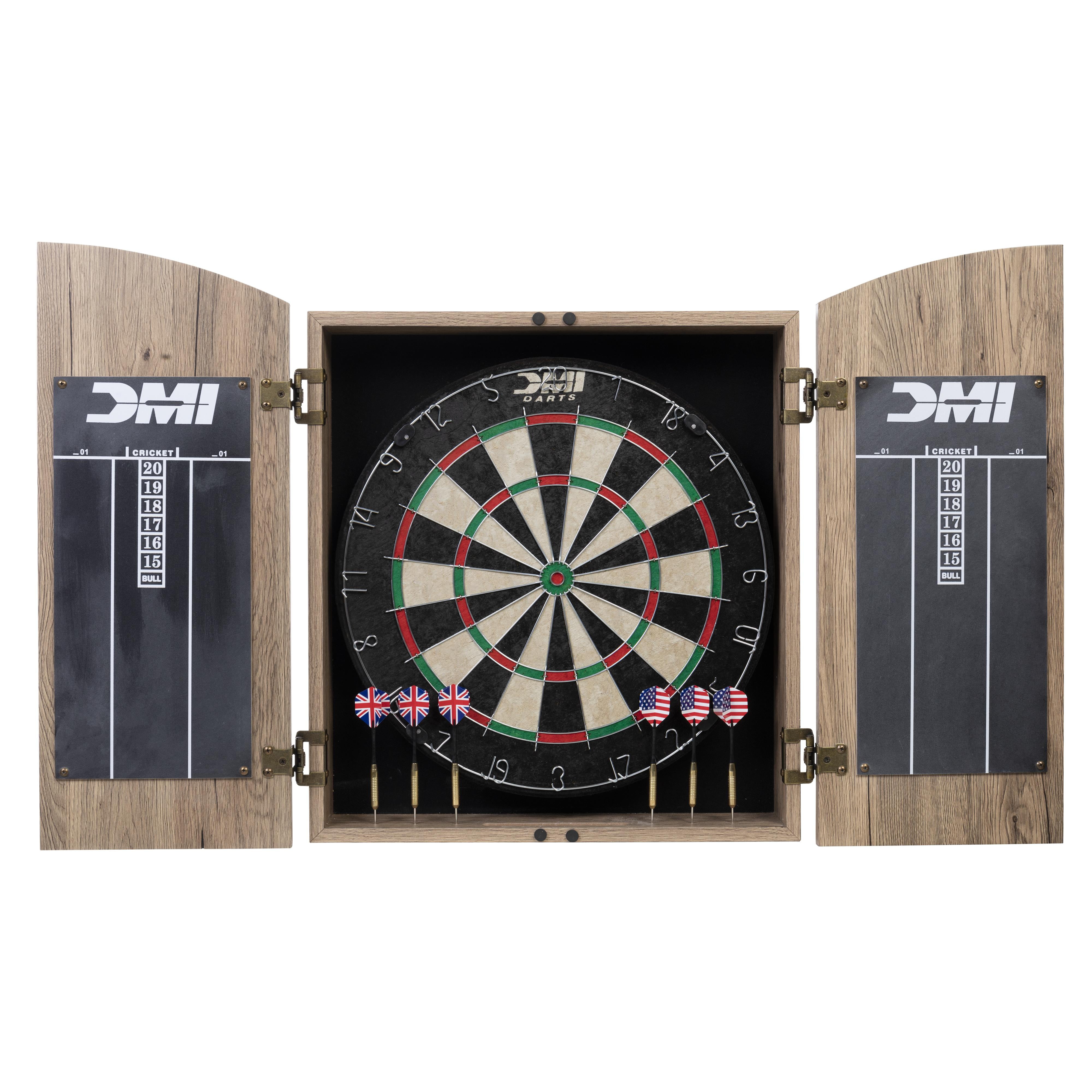 Rustic Tan Woodgrain Bristle Dartboard Cabinet Set with Steel Tip Darts