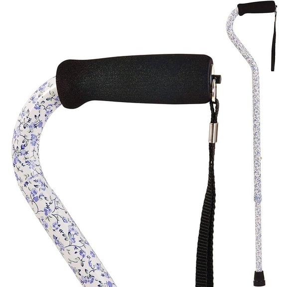 DMI Adjustable Designer Cane with Offset Handle, Comfort Grip and Strap, Tiny Flowers