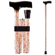 DMI Adjustable Folding Fancy Cane with Derby Top Wood Handle and Rubber Tips, Beige Floral