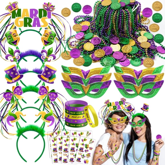 DMIGHT 124 Pcs Mardi Gras Accessories Set Bulk Party Favors Supplies with Headbands Masks Beads Necklaces Coins Tattoos for Mardi Gras Masquerade Parade Carnival Parade Y101