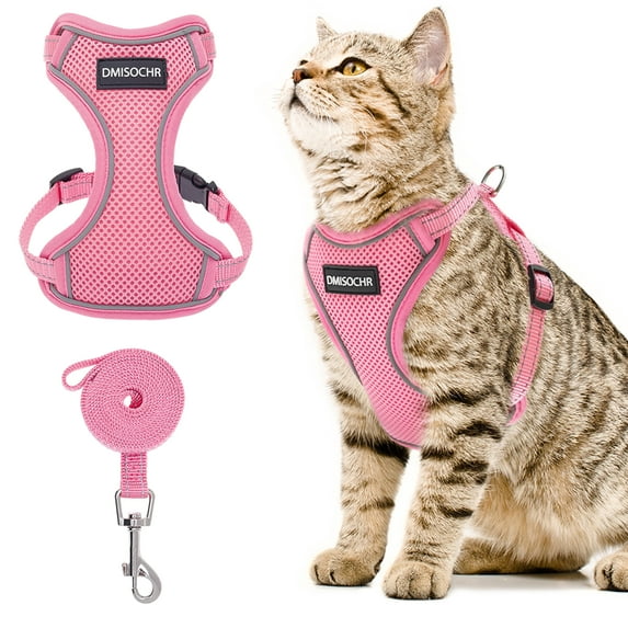 DMISOCHR Cat Harness - Escape Proof Reflective Cat Harness and Leash for Small to Large Cats, Puppy, Small Dog - Adjustable Mesh Breathable Pink Cute Cat Harness for Walking Training Hiking