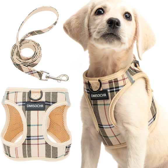 DMISOCHR Plaid Dog Harness and Leash Set,D-Ring Vest Harness,Anti-Escape,Adjustable Padded Pet Harness for Puppy Small Dogs S