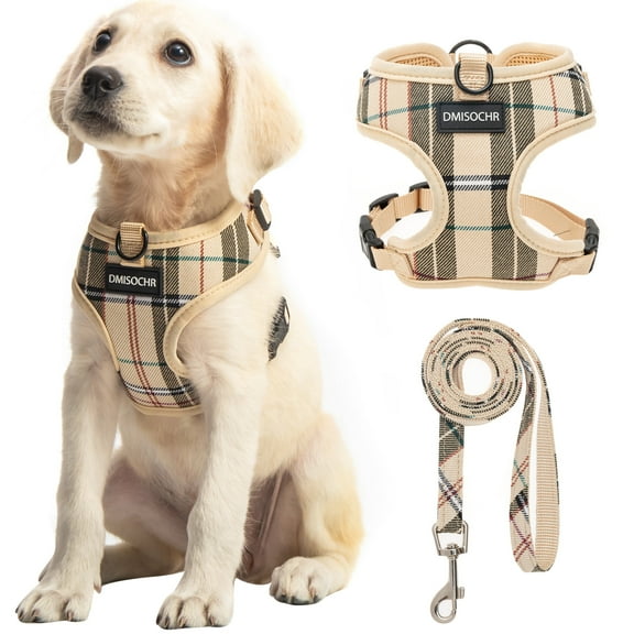 DMISOCHR Plaid Puppy Harness and Leash Set,D-Ring Vest Harness Reflective Adjustable Padded Pet Harness,Suitable for Puppy and Small Dogs S
