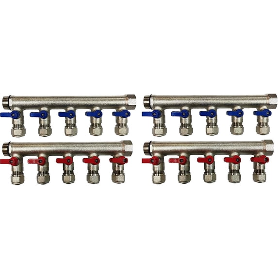 DMNI 10-Loop PEX Manifold Set – 3/4" Trunk, 1/2" Outlets – Brass Radiant Heat Manifolds with Red and Blue Ball Valve Handles