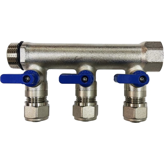 DMNI 3 Loop Port Ball Valve Brass - Pex Manifold - 3/4" NPT Thread - Inlet 1/2" Outlet - Blue Handle
