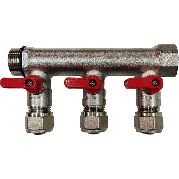 DMNI 3 Loop Port Ball Valve Brass - Pex Manifold - 3/4" NPT Thread - Inlet 1/2" Outlet - Red Handles