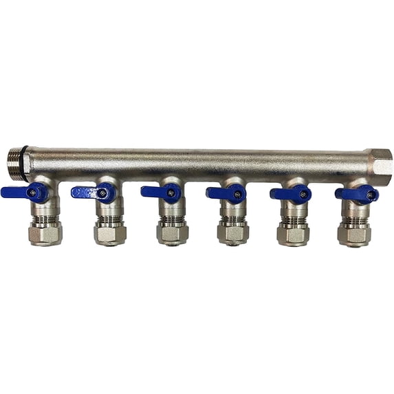 DMNI 6 Loop Port Ball Valve Brass - Pex Manifold - 3/4" NPT Thread - Inlet 1/2" Outlet - Blue Handle