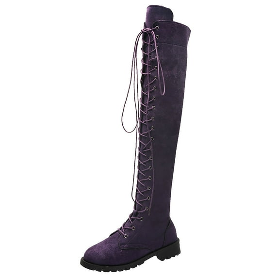 DMQUPV Women's Lace Up Over The Knee Boots, Round Toe Low Heel Side Zipper Long Boots,Purple,Size 5.5