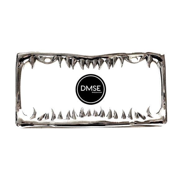 DMSE Universal Metal Shark Tooth Teeth Jaws License Plate Frame Cool Design For Any Vehicle (Chrome) (1 Pack)