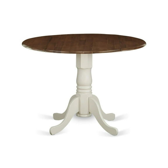 DMT-WLW-TP Dublin Dining Table - Walnut Finish, Linen White Pedestal, 42" Round, 2 Drop Leaves - Durable Rubber Wood, Elegant & Versatile