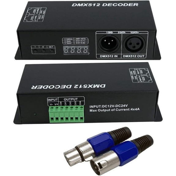 DMX 512 LED Decoder Controller 4CH Digital Display Decoder,DMX512 LED Light Decoder Controller Dimming Driver for RGBW LED Strip Light DC12-24V 4A/CH (4 Channel with Display)