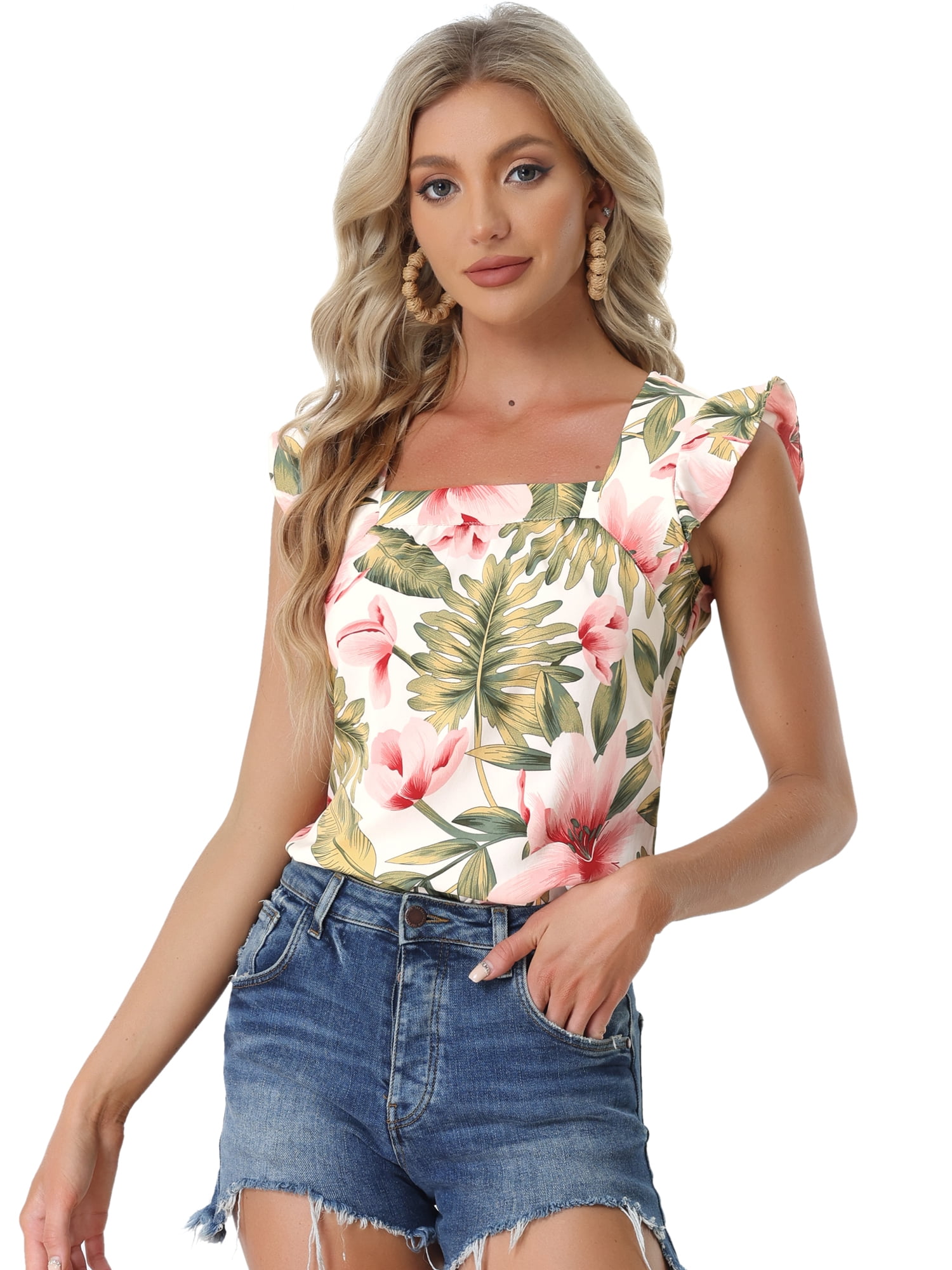 DARING DIVA Women's Tropical Printed Square Neck Ruffle Tank Top XS White