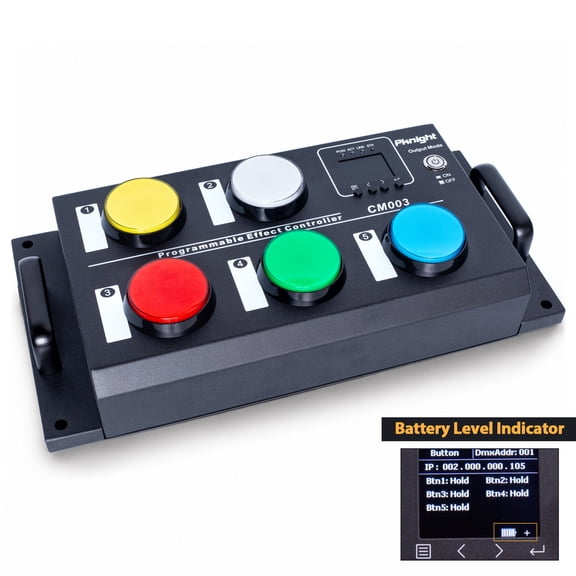 DMX Scene Recorder Button Controller with Battery Display, 5-Button Lighting Cue Controller, 10 Scene Actions, Rear 18650 Battery Slot, DMX512 Art-Net sACN Playback