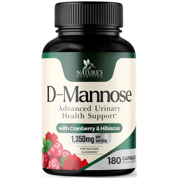 D-Mannose Supplement 1,350 mg with Cranberry & Hibiscus, Effective Fast-Acting, Flush the Impurities for Natural Bladder, Urinary Tract Health Support, for Women and Men, Non-GMO, Vegan, 180 Capsules