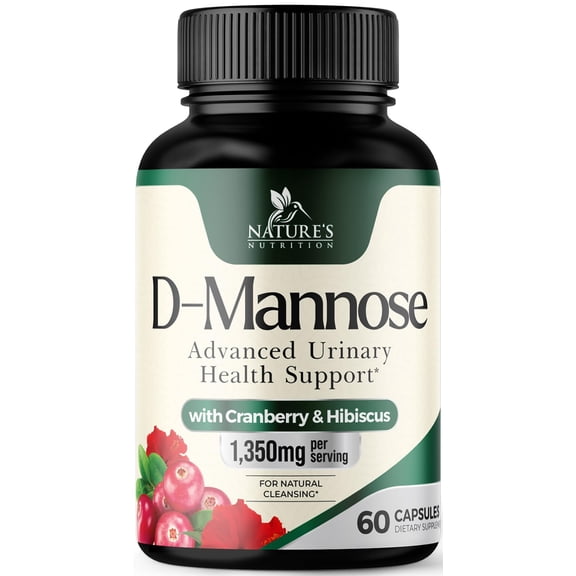 Nature's Nutrition D-Mannose Supplement 1,350 mg with Cranberry & Hibiscus - Urinary Tract Health Support, for Women and Men, Non-GMO, Vegan, 60 Capsules