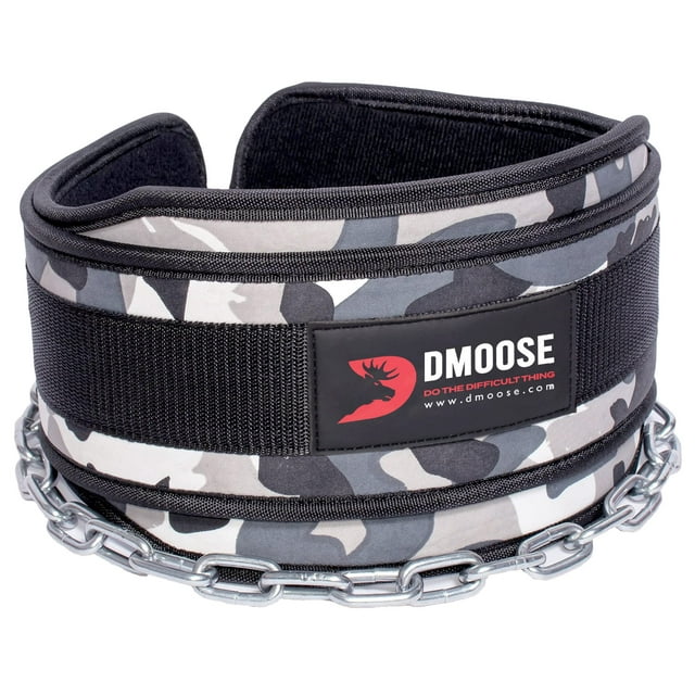 DMoose Fitness Dip Belt with Chain for Weightlifting, Pullups, Powerlifting and Bodybuilding, Gray Camo