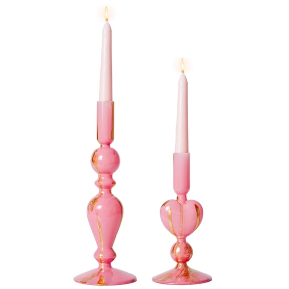 DN DECONATION Pink & Gold Glass Candle Holders Set Heart Taper Candle Holders for Valentine's Day, Candlestick Holder Wedding Decorations, Farmhouse Home Coffee Table Decor & Housewarming Gifts Y101