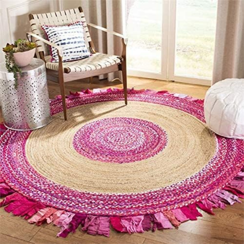 10x10 Neon Rug DN HANDICRAFT Jute and Cotton Round Indoor Area Rug Natural Braided ...