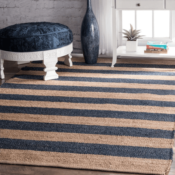 DN HANDICRAFT Natural Fiber Rectangular Boho Rug Blue Brown Jute Runner Area Rug Handmade Carpet for Living Room (2x6 Sq Feet)