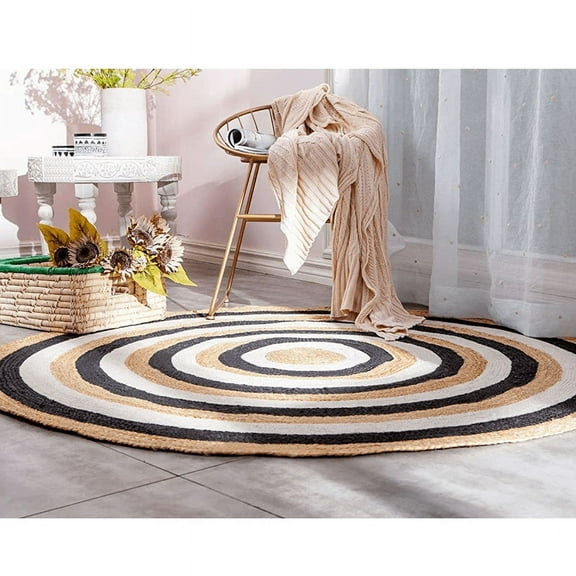 DN HANDICRAFT Round Rug Reversible Jute and Cotton Hand Braided Area Rug Rustic Look Boho Carpet (3x3 Sq Feet)