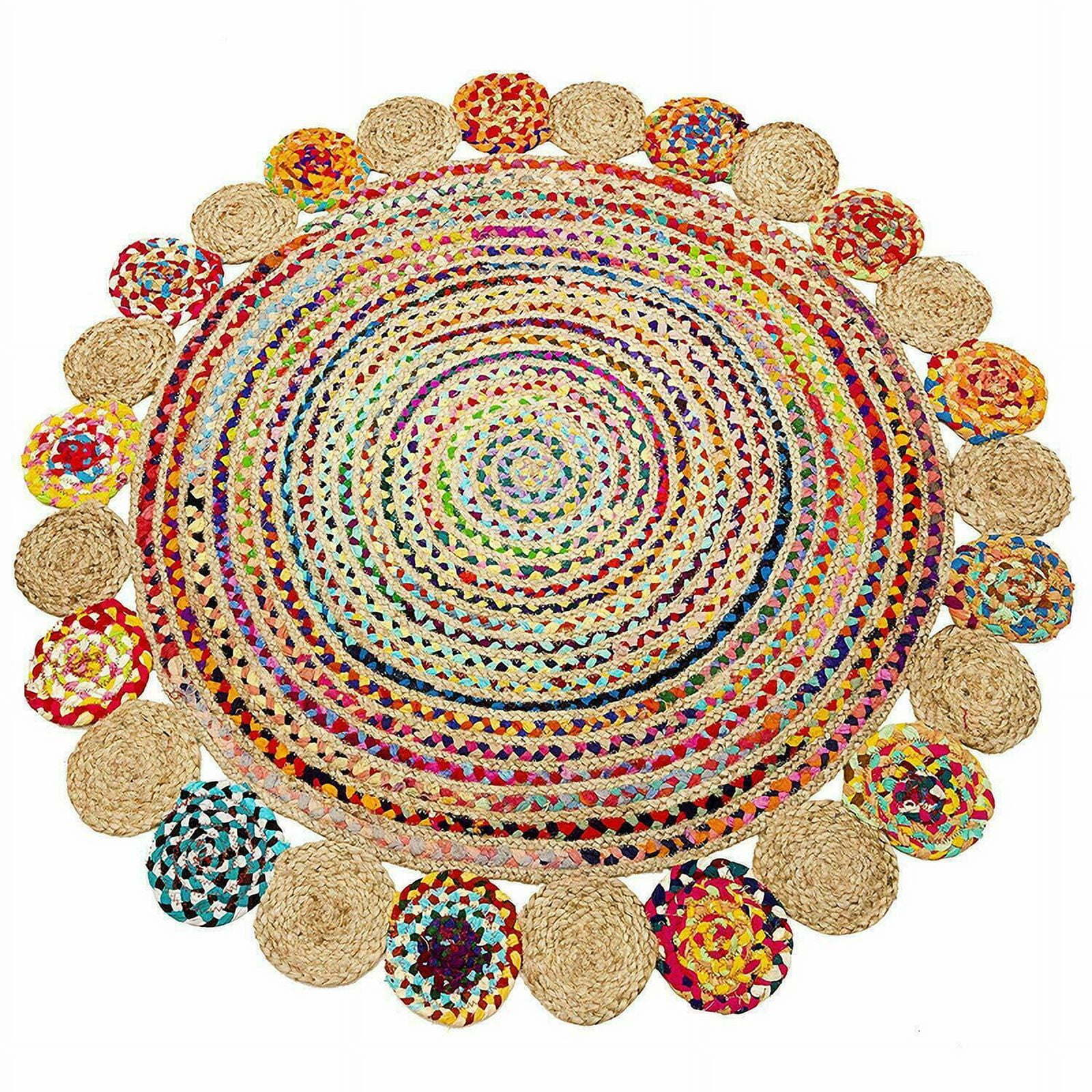 DN HANDICRAFT Round Shape Hand Braided Multicolor Rattan Rug Reversible ...