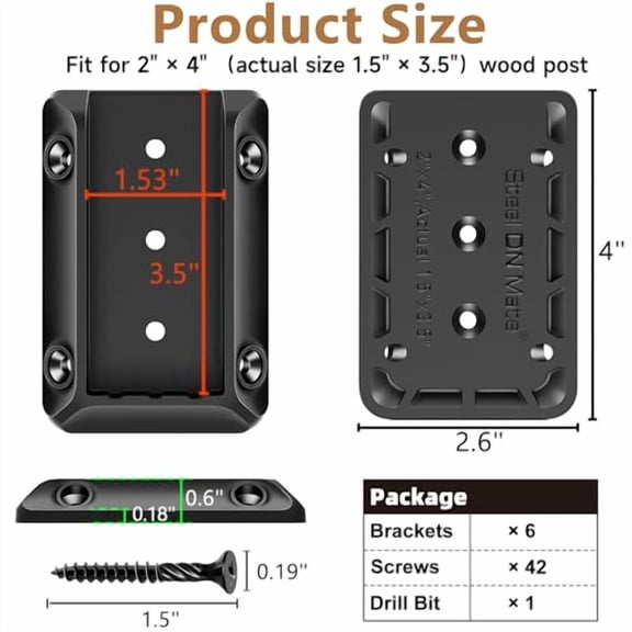 DN Mate 6 PCS Deck Railing Bracket Connectors for 2x4 (Actual 1.5”x3.5”) Wood Post to Handrail Connection, Stair Railing Connectors with Coated Wood Screws,Drill Bit, Fence Railing Brackets