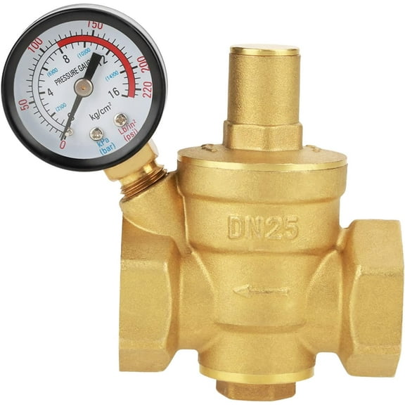 DN25 Water Pressure Regulator, 1 inch Brass Pressure Regulator Valve Adjustable Water Pressure Reducing Regulator Reducer and Meter