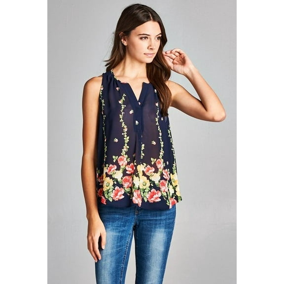 DNA COUTURE Chiffon Floral Border Button Sleeveless Top (Small)