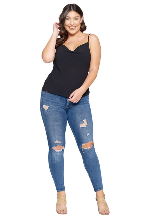 Womens Bubble Crepe Solid Cowl Necked Camisole Top, Black (Large)