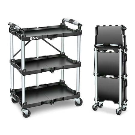 DNA MOTORING TOOLS-00430 3 Tier Folding Rolling Service CartCollapsible Utility Cart for Warehouse Workshops Restaurants