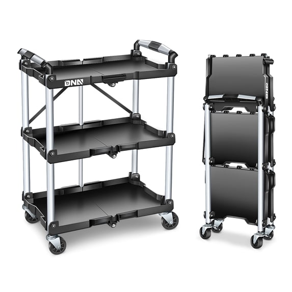 DNA MOTORING TOOLS-00430 3 Tier Folding Rolling Service CartCollapsible Utility Cart for Warehouse Workshops Restaurants