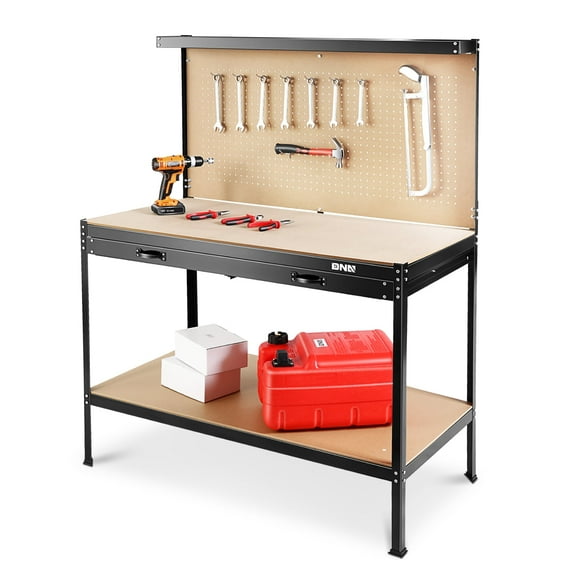 DNA MOTORING TOOLS-00459 Work Table with Pegboard, 47.2''x23.6'' Work Table With Pull-out Drawers & Lower Open Shelves, 220LBS Capacity, 12PCS Tools Hooks, Wood Tool Bench for Garage, Workshop